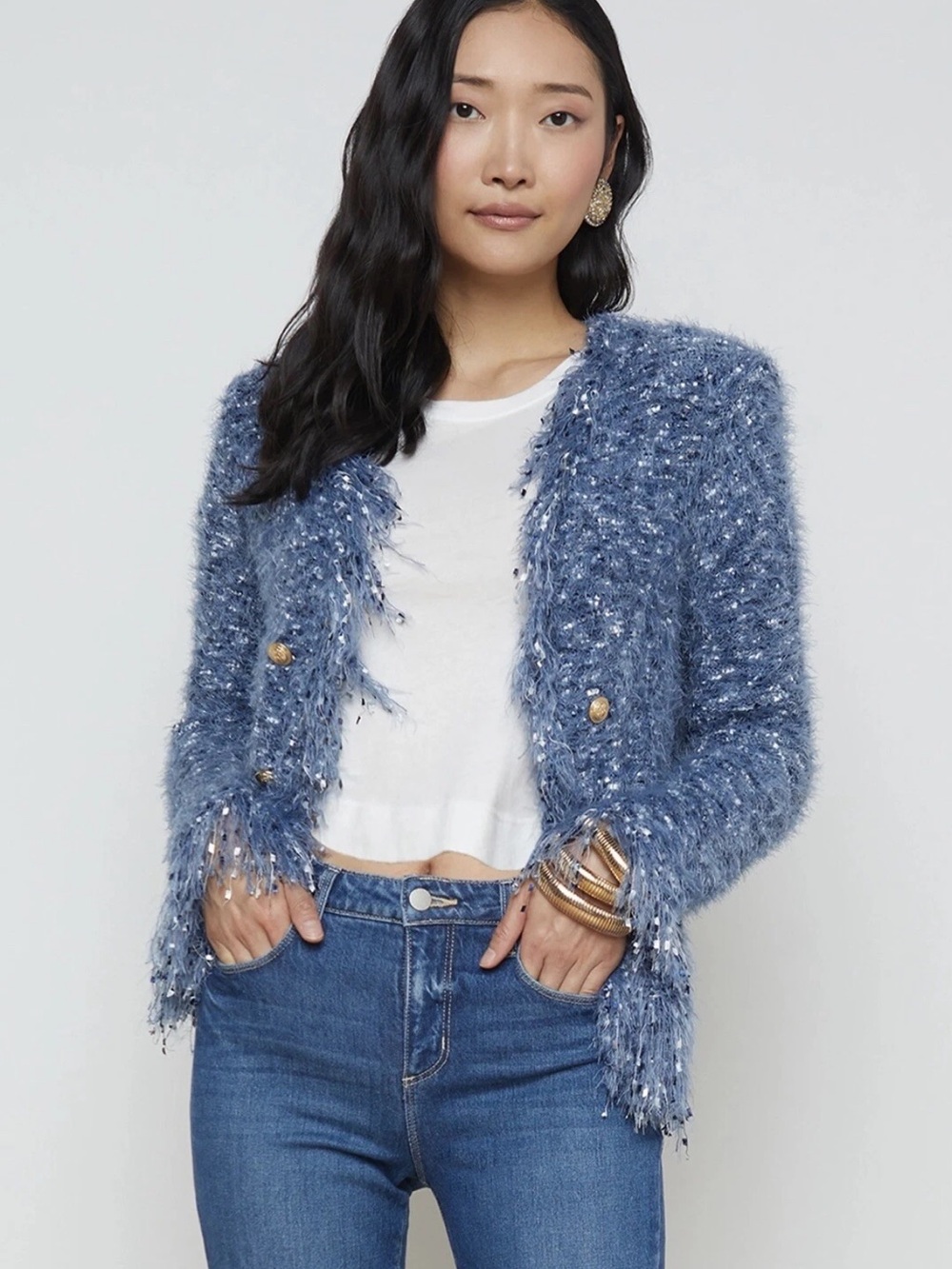 NEW L'Agence Azure blue Fringe Cardigan Blazer Sweater SMALL Jacket